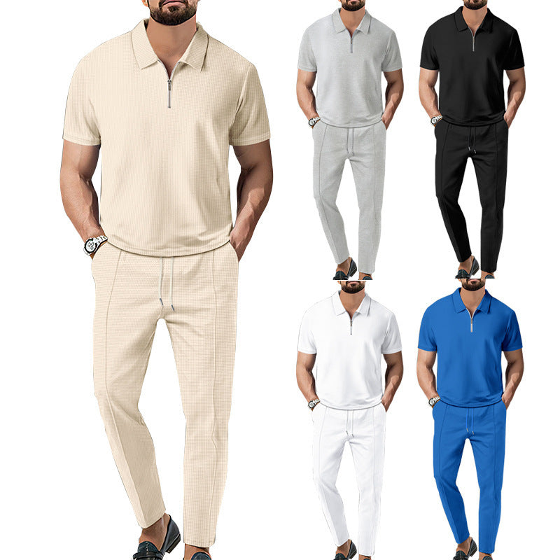 Lapel Short Sleeve Zipper Trousers Suit