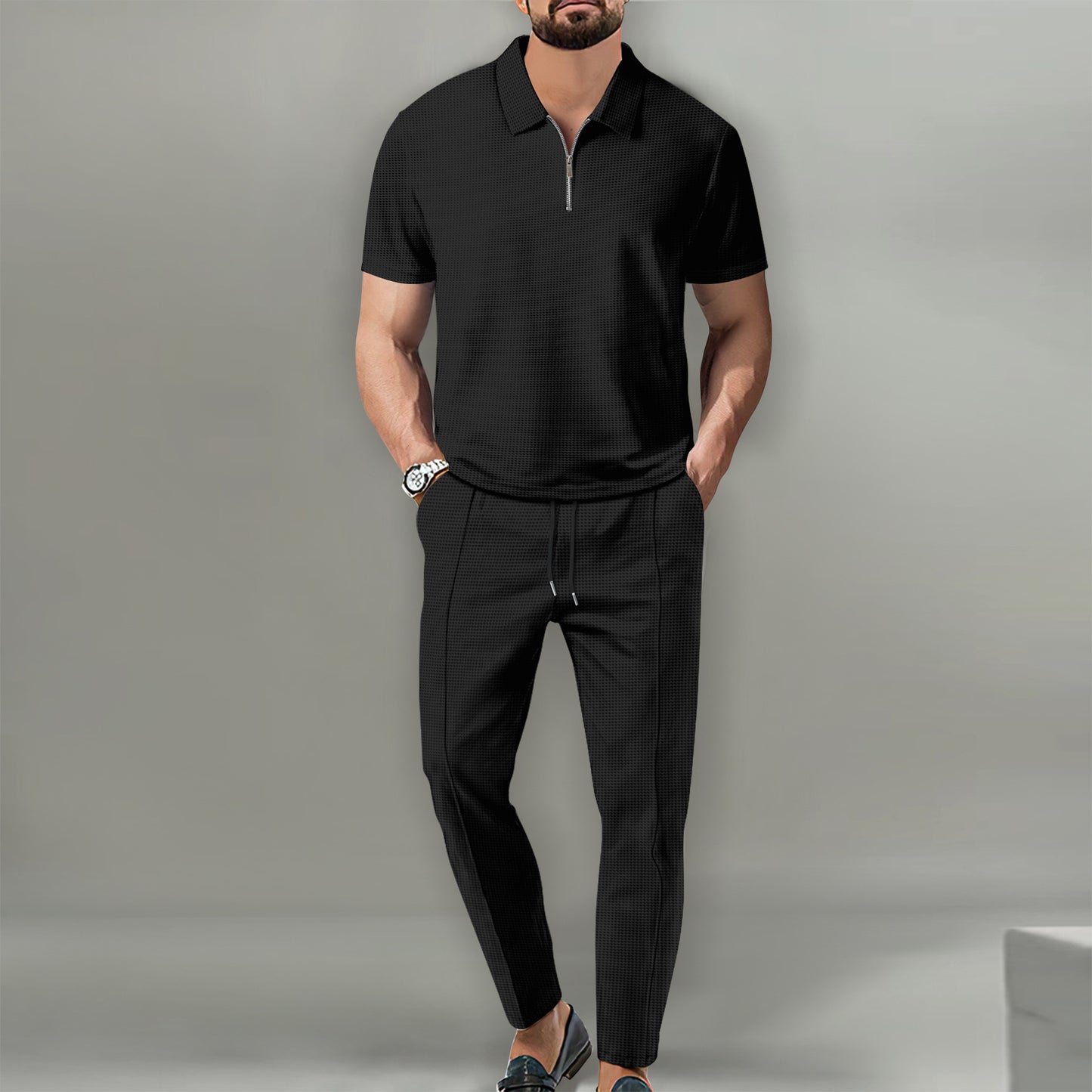 Lapel Short Sleeve Zipper Trousers Suit