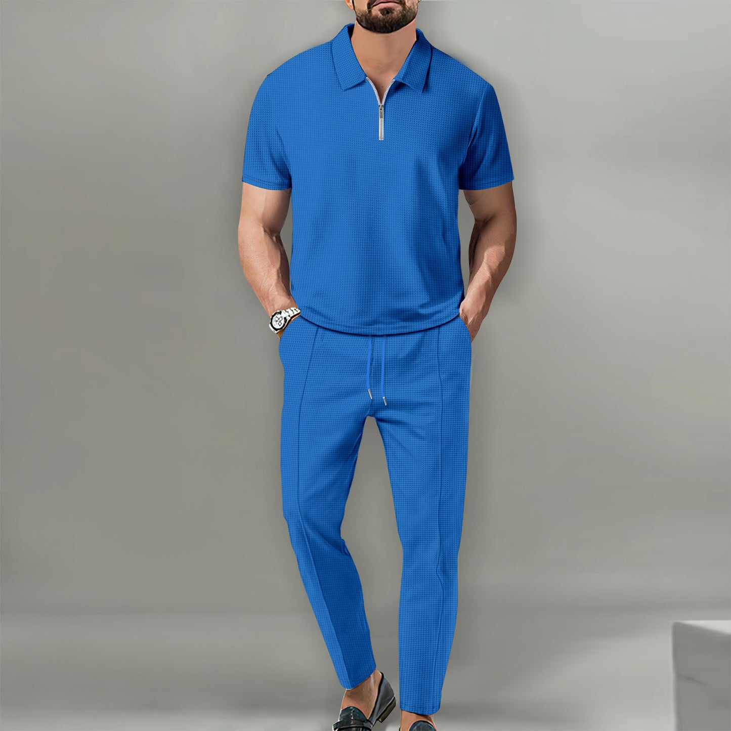 Lapel Short Sleeve Zipper Trousers Suit