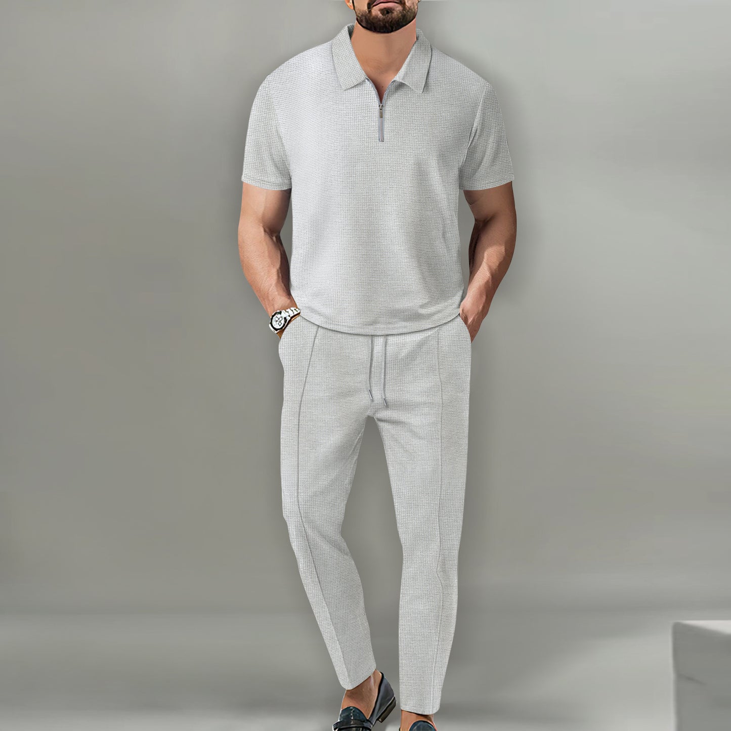 Lapel Short Sleeve Zipper Trousers Suit