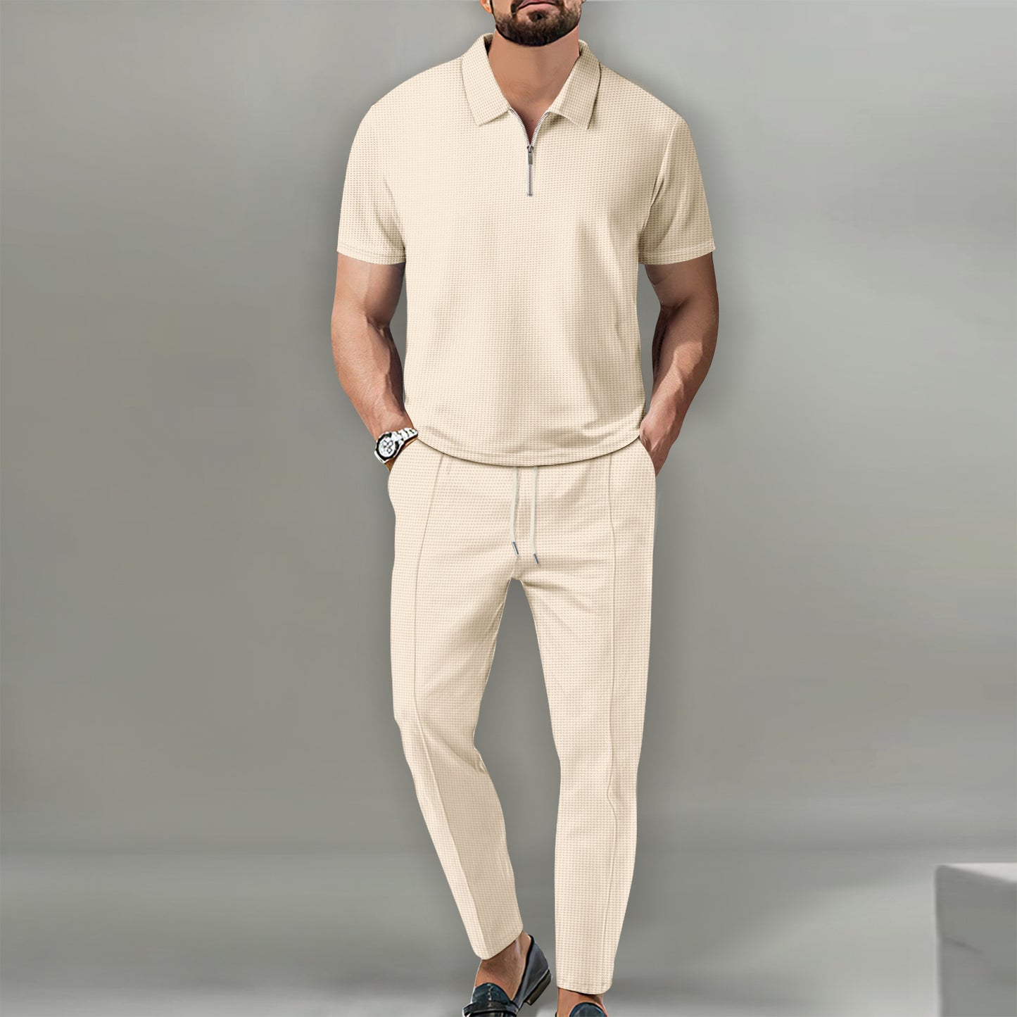 Lapel Short Sleeve Zipper Trousers Suit