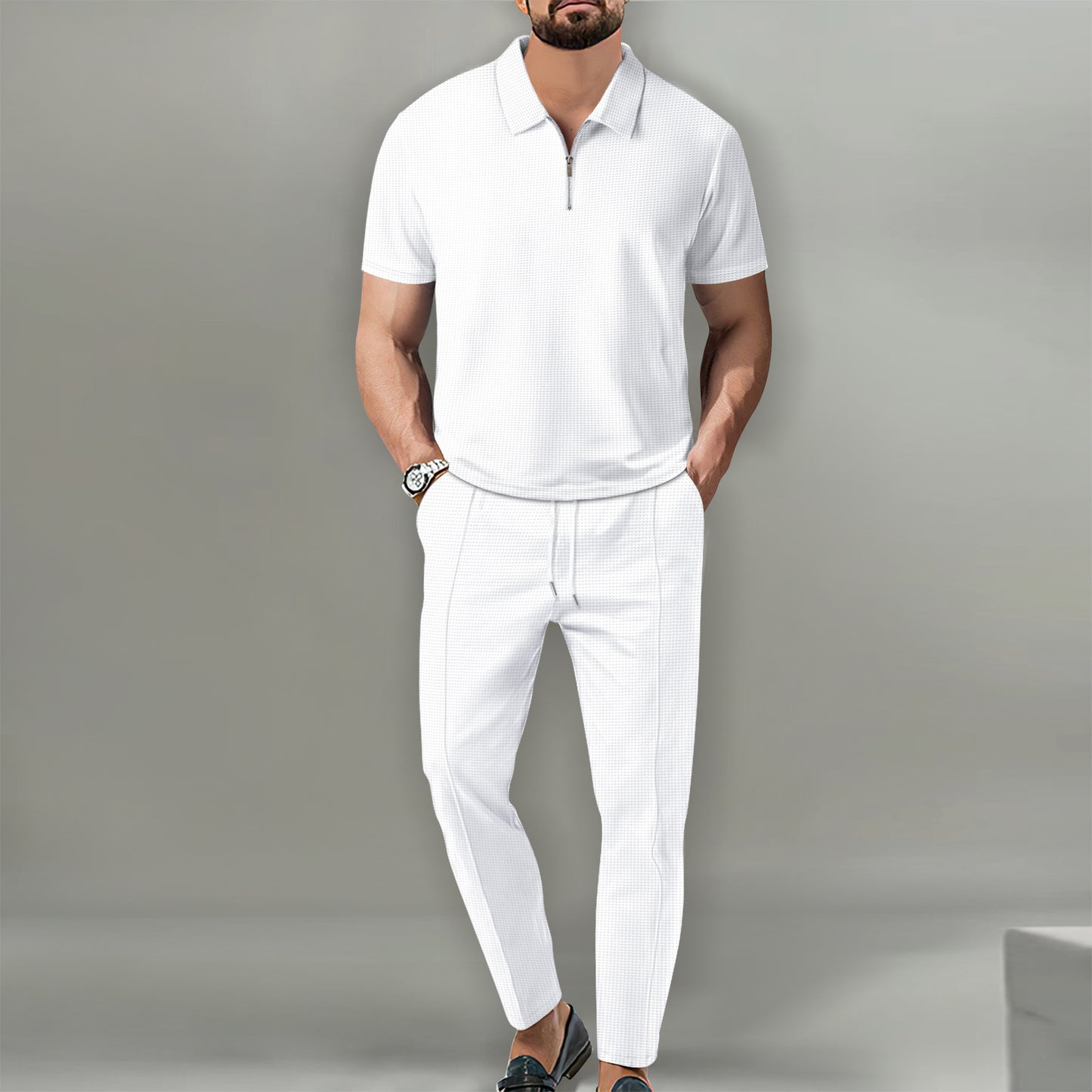 Lapel Short Sleeve Zipper Trousers Suit